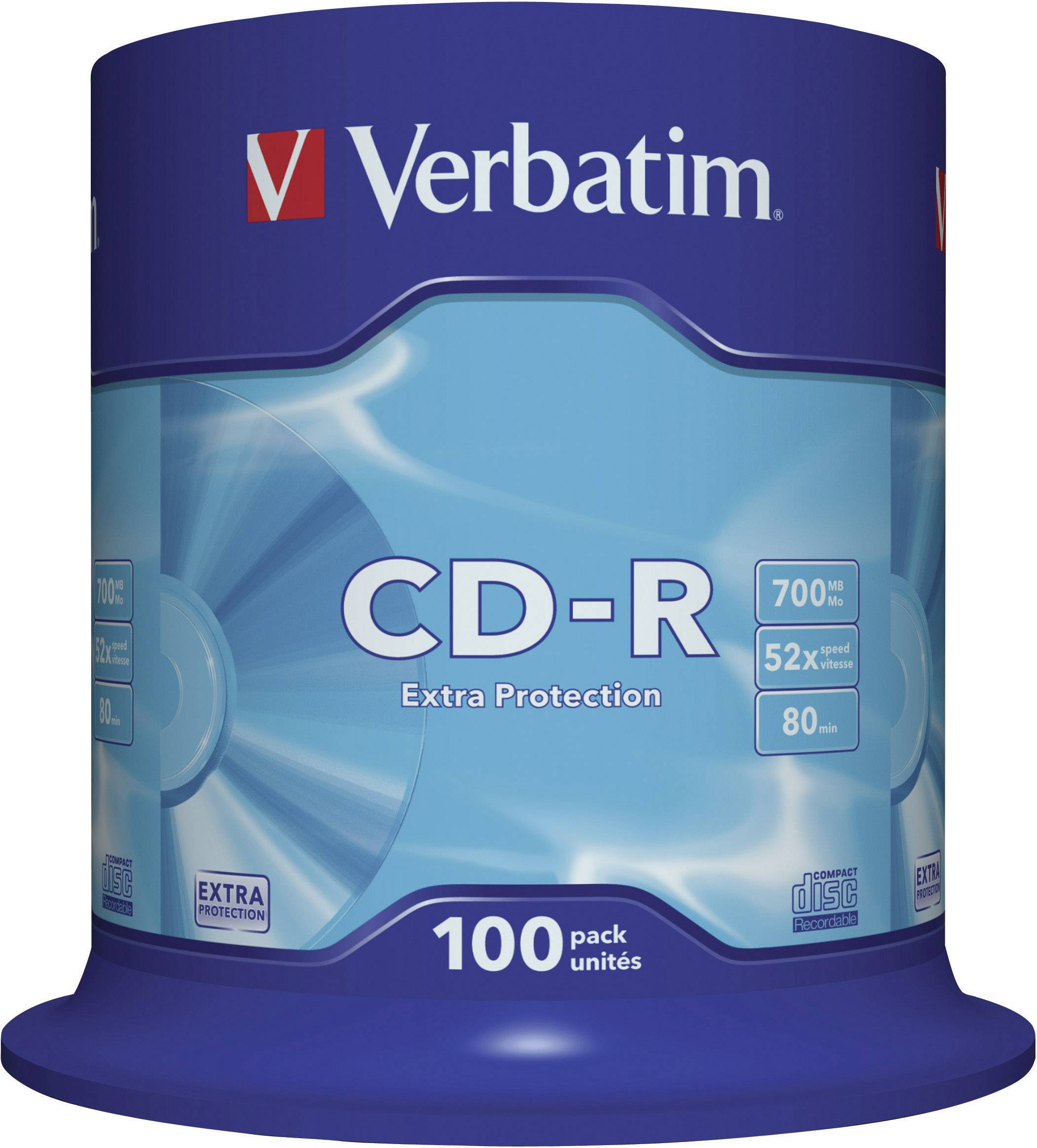 Spindle Verbatim CD-R con confezione da 100 dischi, capacità di 700 MB e velocità di scrittura 52x. Idoneo per musica e dati.