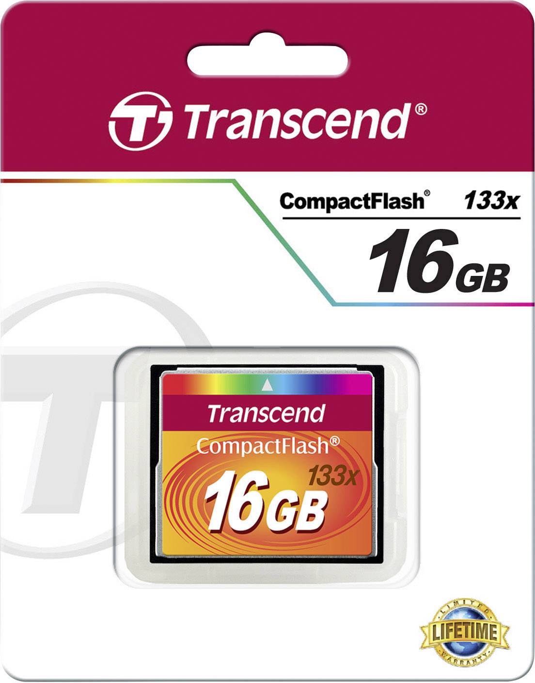 Scheda di memoria CompactFlash Transcend da 16 GB, con velocità 133x riportata sulla confezione.