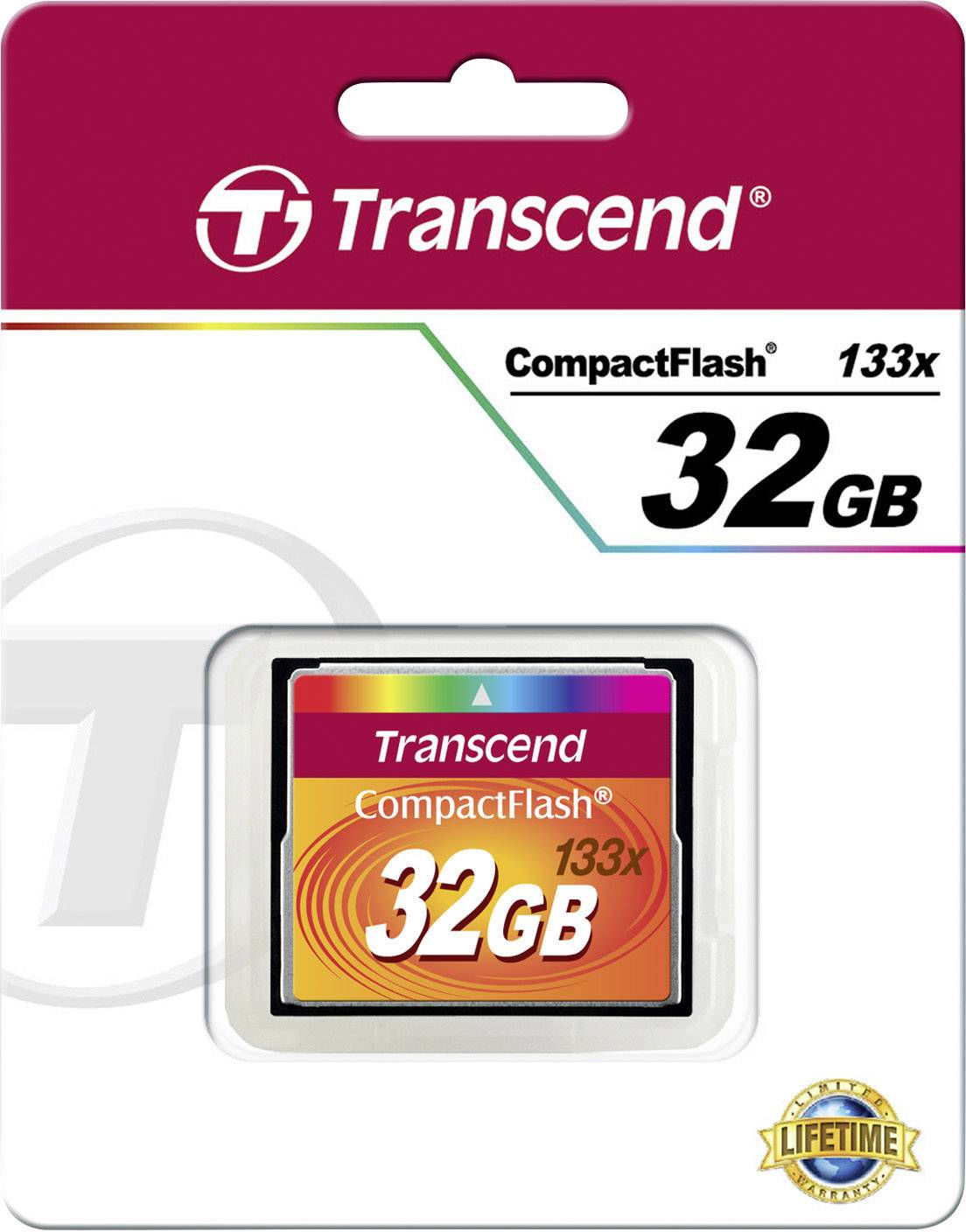 Un imballaggio della scheda di memoria CompactFlash Transcend da 32 GB con velocità 133x.