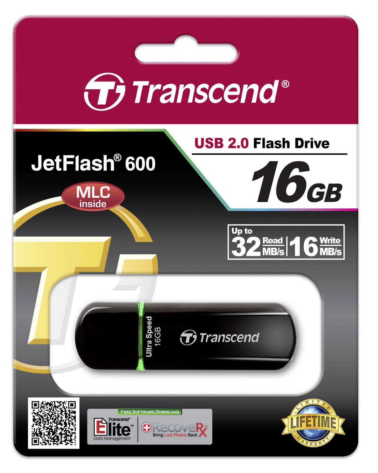 Un dispositivo flash USB 2.0 Transcend JetFlash 600 nero con 16 GB di spazio di archiviazione, contrassegnato con velocità di lettura fino a 32 MB/s.