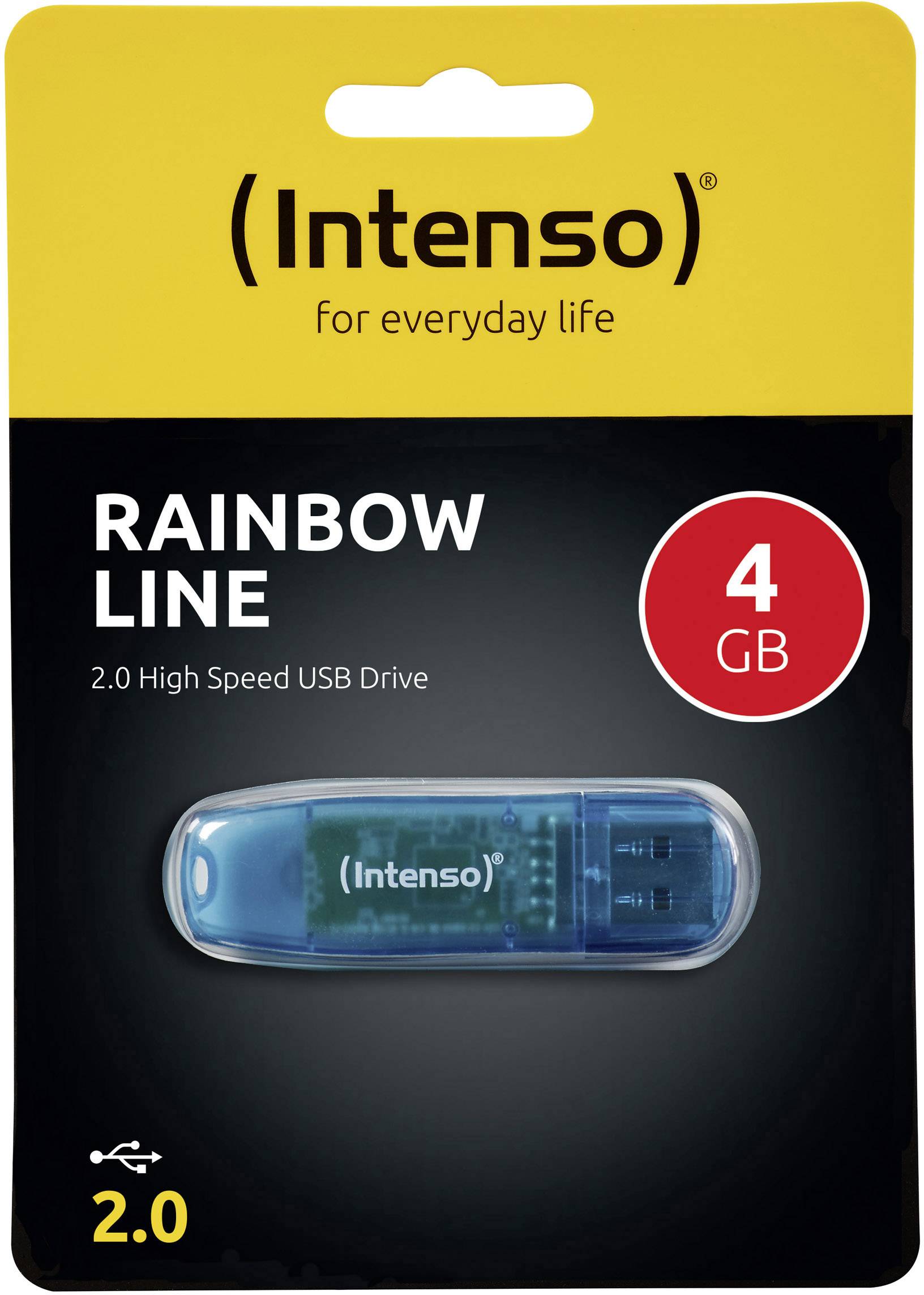 Un packaging di una chiavetta USB Intenso da 4 GB della linea Rainbow, compatibile con USB 2.0. La chiavetta è blu e trasparente.