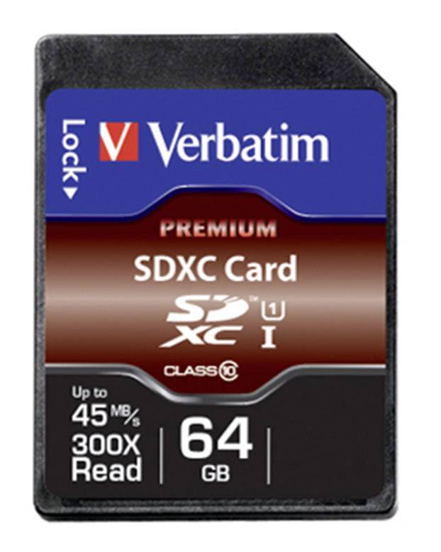 Una scheda Verbatim SDXC da 64 GB, con classe di velocità UHS-I e Class 10, legge fino a 45 MB/s, velocità 300x.