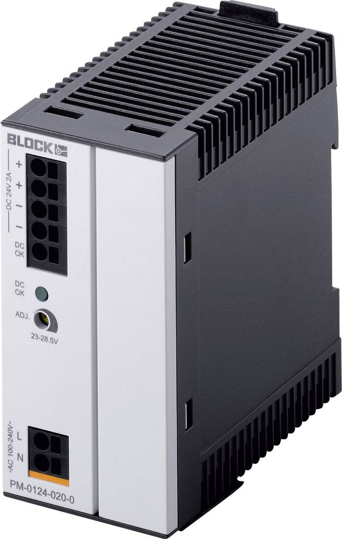 Un alimentatore grigio, rettangolare, con feritoie di ventilazione sulla parte superiore e con etichetta 'BLOCK' e specifiche tecniche sul lato frontale.