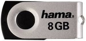 Chiavetta USB Hama da 8 GB di capacità di memoria, alloggiamento argentato, con coperchio a rotazione nero.
