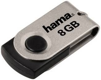Chiavetta USB argentata con pulsante nero, capacità di 8 GB, con nome del marchio 'hama' stampato, connettore USB visibile sul lato.