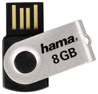Chiavetta USB con coperchio girevole argentato, contrassegnata con 'hama 8 GB', idonea per l'archiviazione dati.