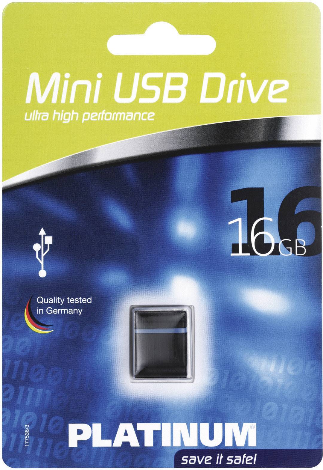 Confezione di una chiavetta USB da 16 GB, etichettata con 'Mini USB Drive', 'Platinum' e 'Testata per la qualità in Germania'.