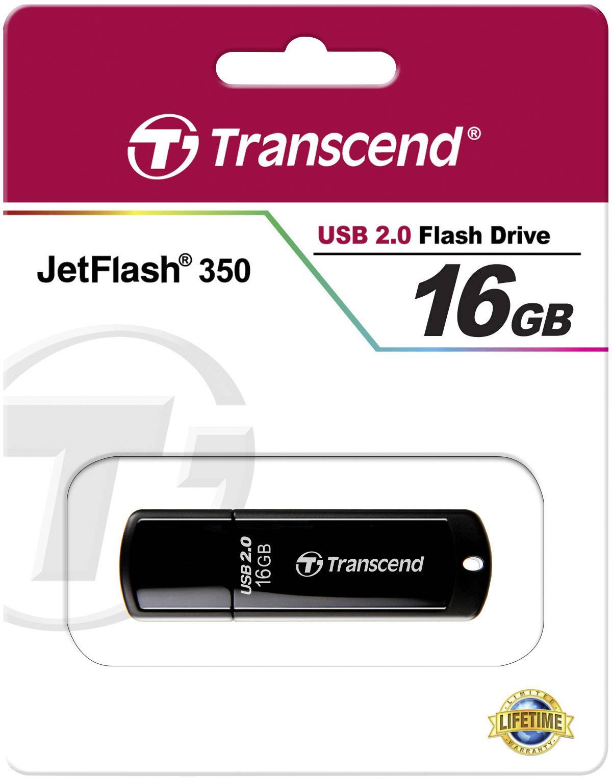 Confezione di chiavetta USB Transcend, modello JetFlash 350, con capacità di 16 GB e USB 2.0.