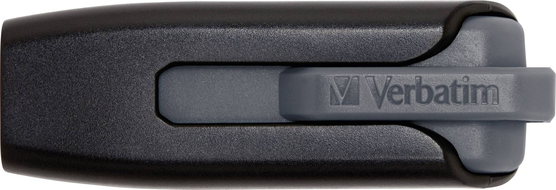 Una chiavetta USB nera con un cursore grigio su cui è scritto 'Verbatim'.