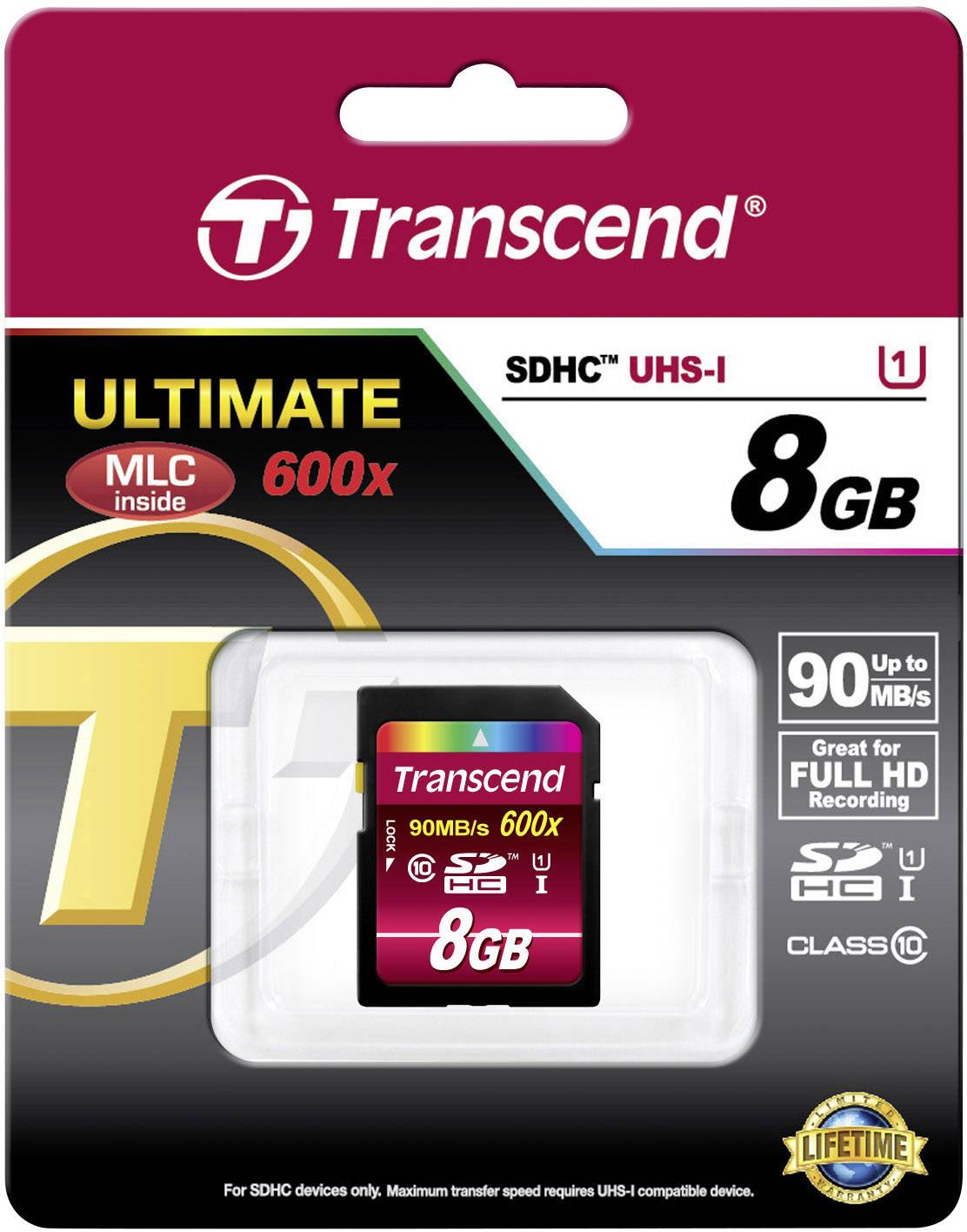 Confezione di una scheda di memoria Transcend SDHC da 8 GB, UHS-I e Classe 10, idonea per riprese Full-HD.