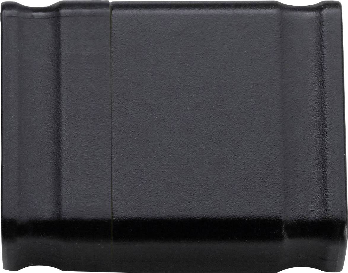 Un oggetto nero, rettangolare, liscio, probabilmente una batteria o un componente elettronico, con un bordo netto.