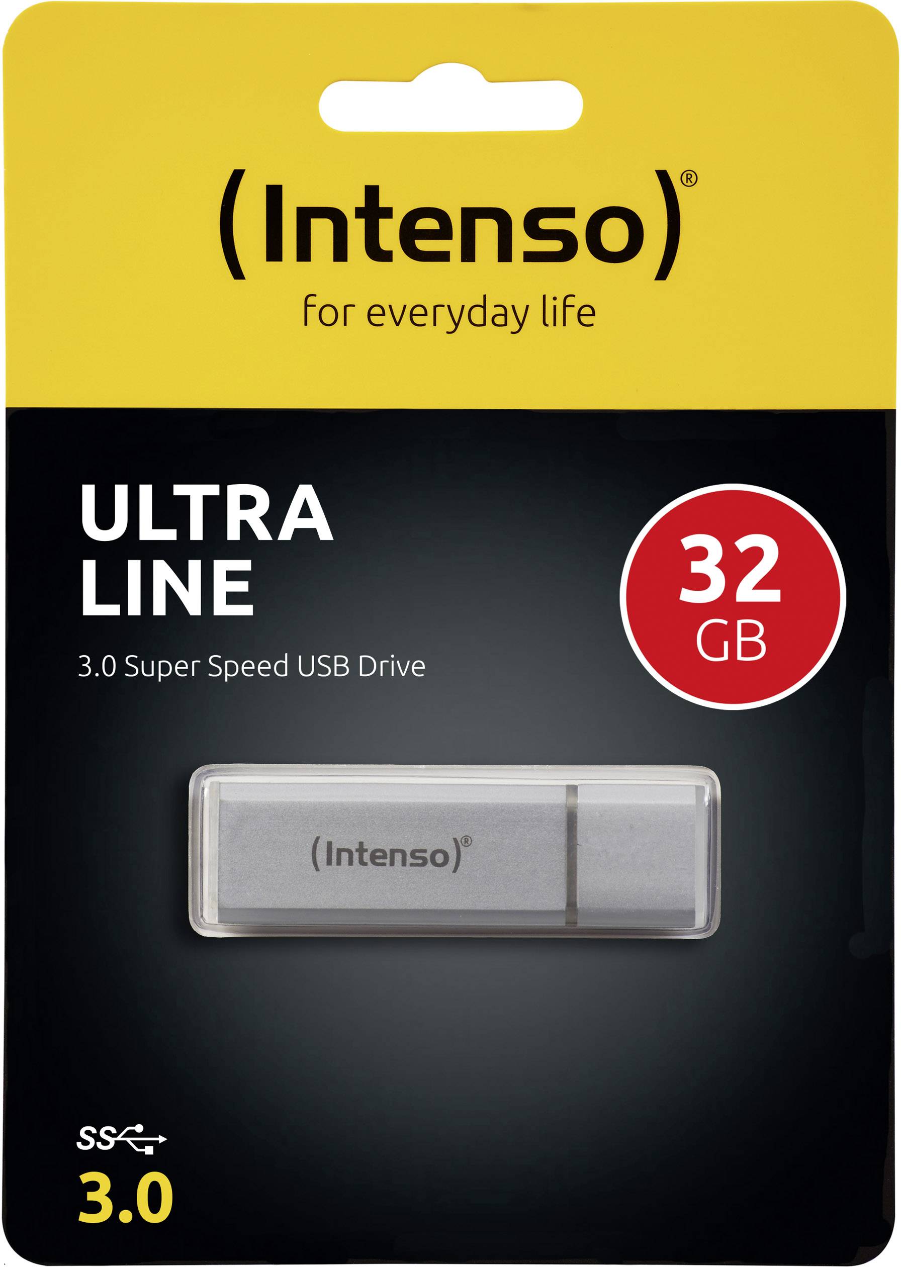 Chiavetta USB Intenso Ultra Line da 32 GB, Super Speed 3.0, presentata in confezione nera e gialla.