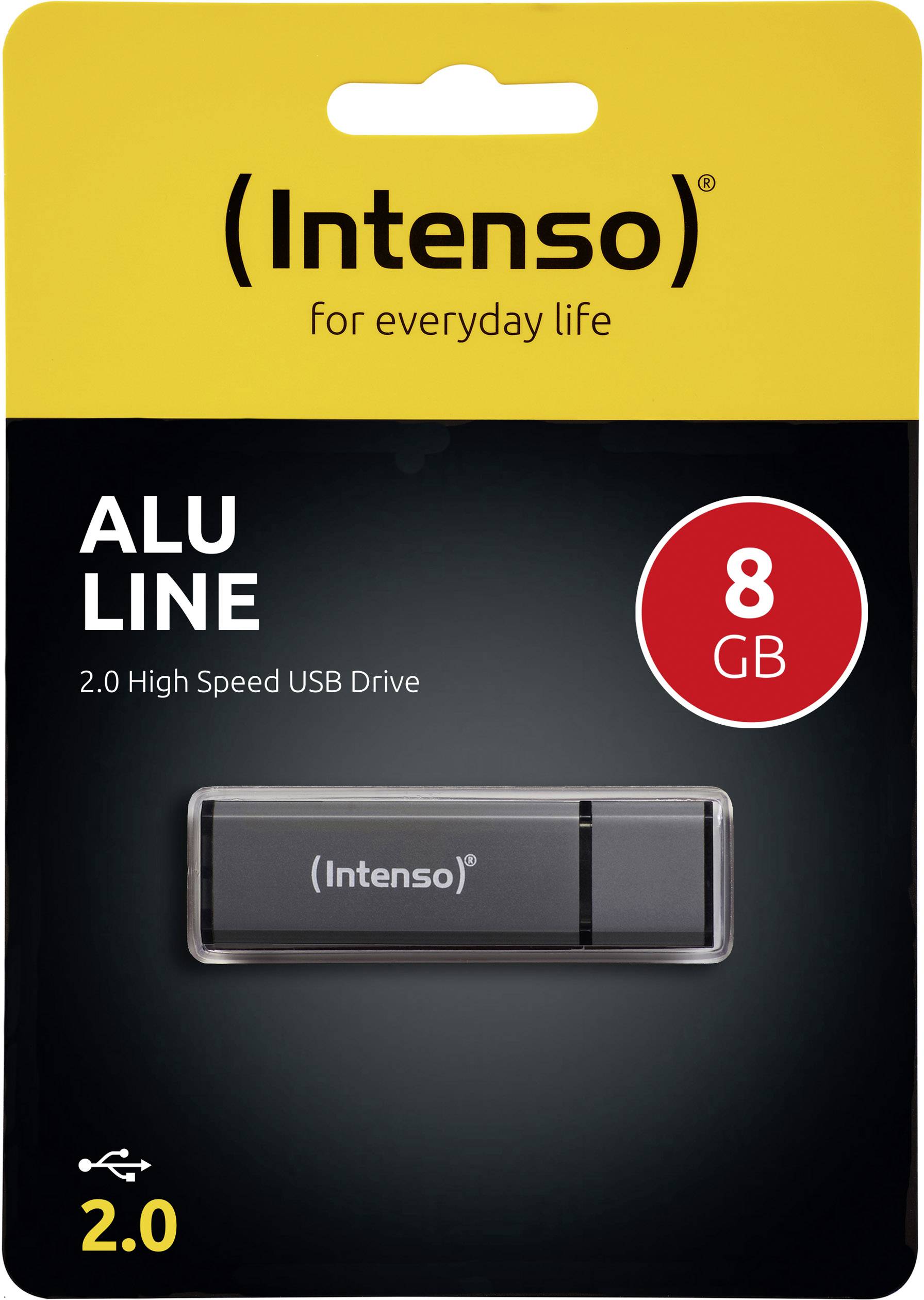 Una confezione di una chiavetta USB del marchio 'Intenso', modello 'ALU LINE' con capacità di 8 GB, adatta per USB 2.0 veloce.