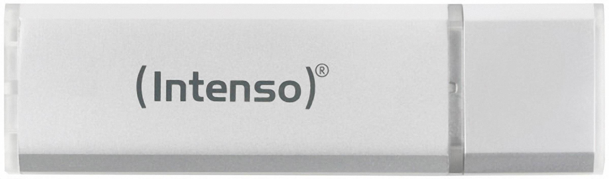 Un pennino USB argento della marca Intenso in primo piano.