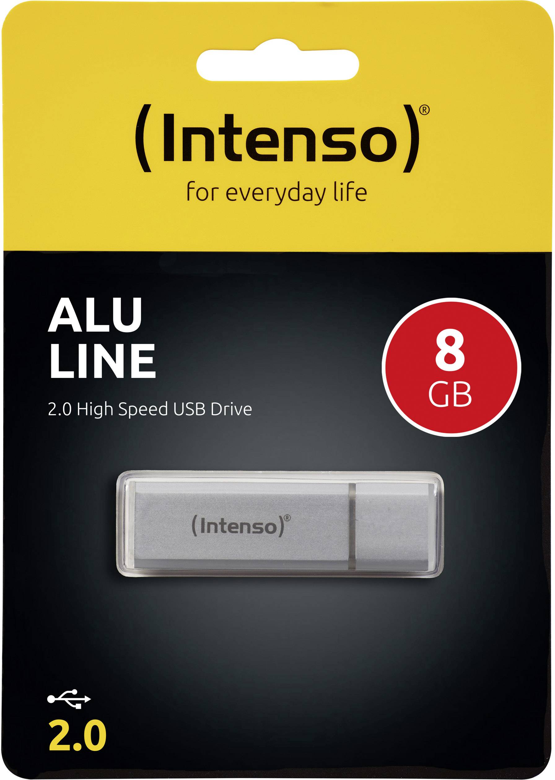 Chiavetta USB 'Intenso ALU LINE' da 8 GB. La confezione sottolinea la velocità USB 2.0 e lo slogan 'per la vita di tutti i giorni'.