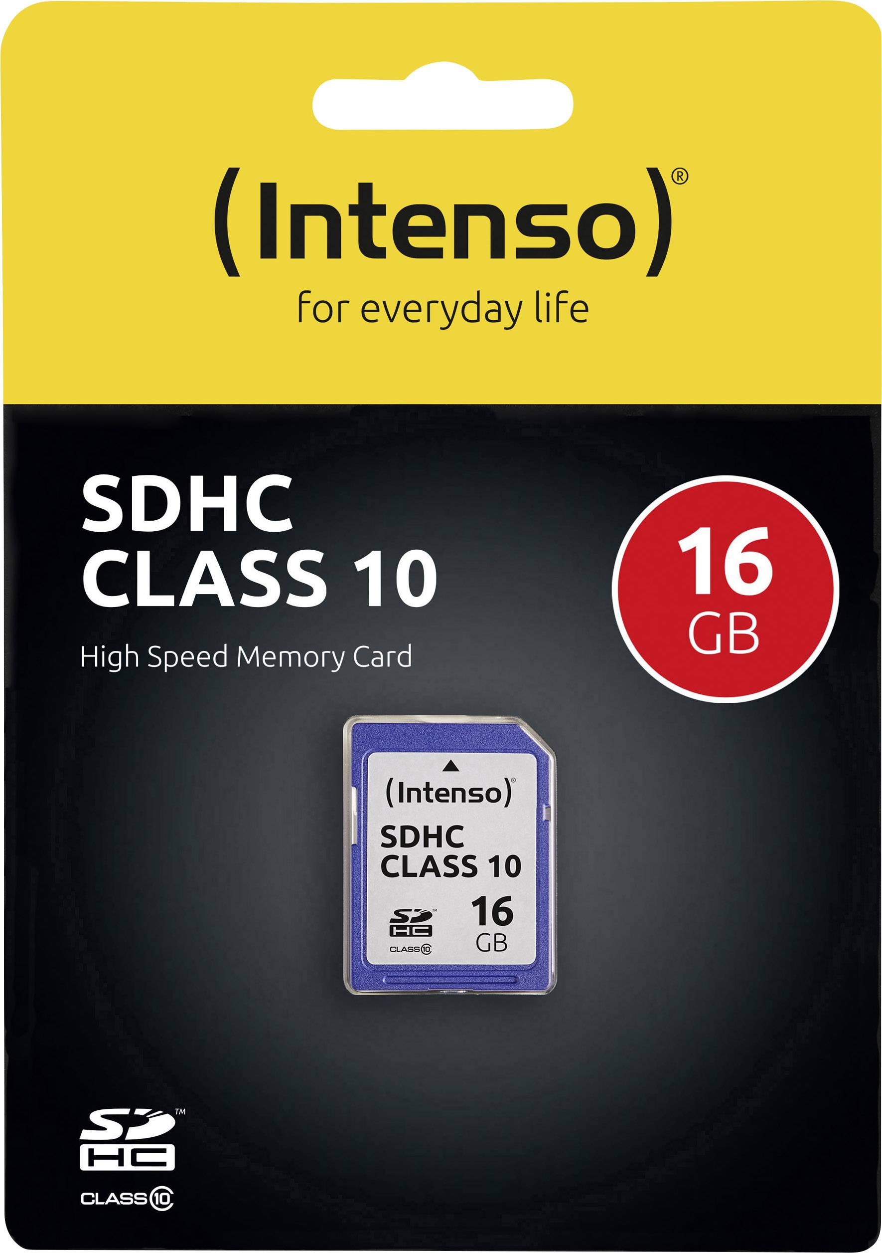 Scheda di memoria 'Intenso SDHC Classe 10', 16 GB, raffigurata sulla confezione. Classe di velocità 10 ad alta velocità, idonea per trasferimenti dati rapidi.