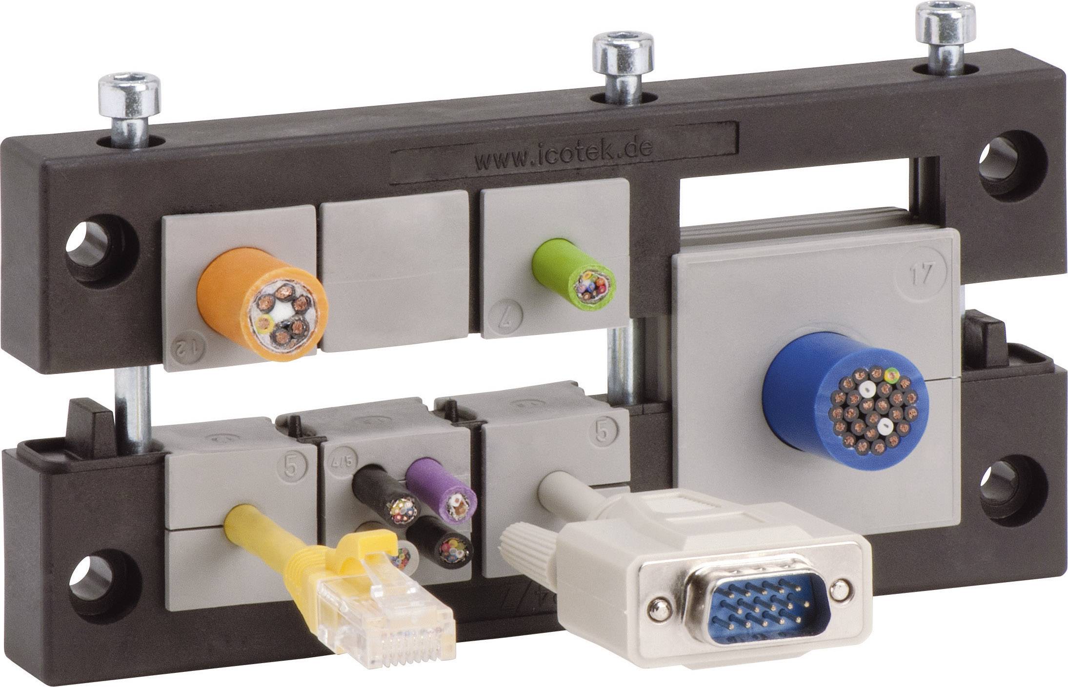 Un sistema di passaggio cavi con più cavi, tra cui un cavo arancione e uno viola, nonché un connettore VGA.