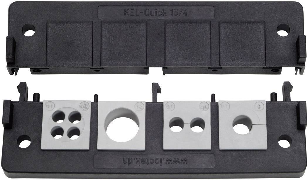 Una piastra nera in plastica con quattro inserti grigi che consentono diverse configurazioni di passaggio cavi. Parte superiore rimossa.