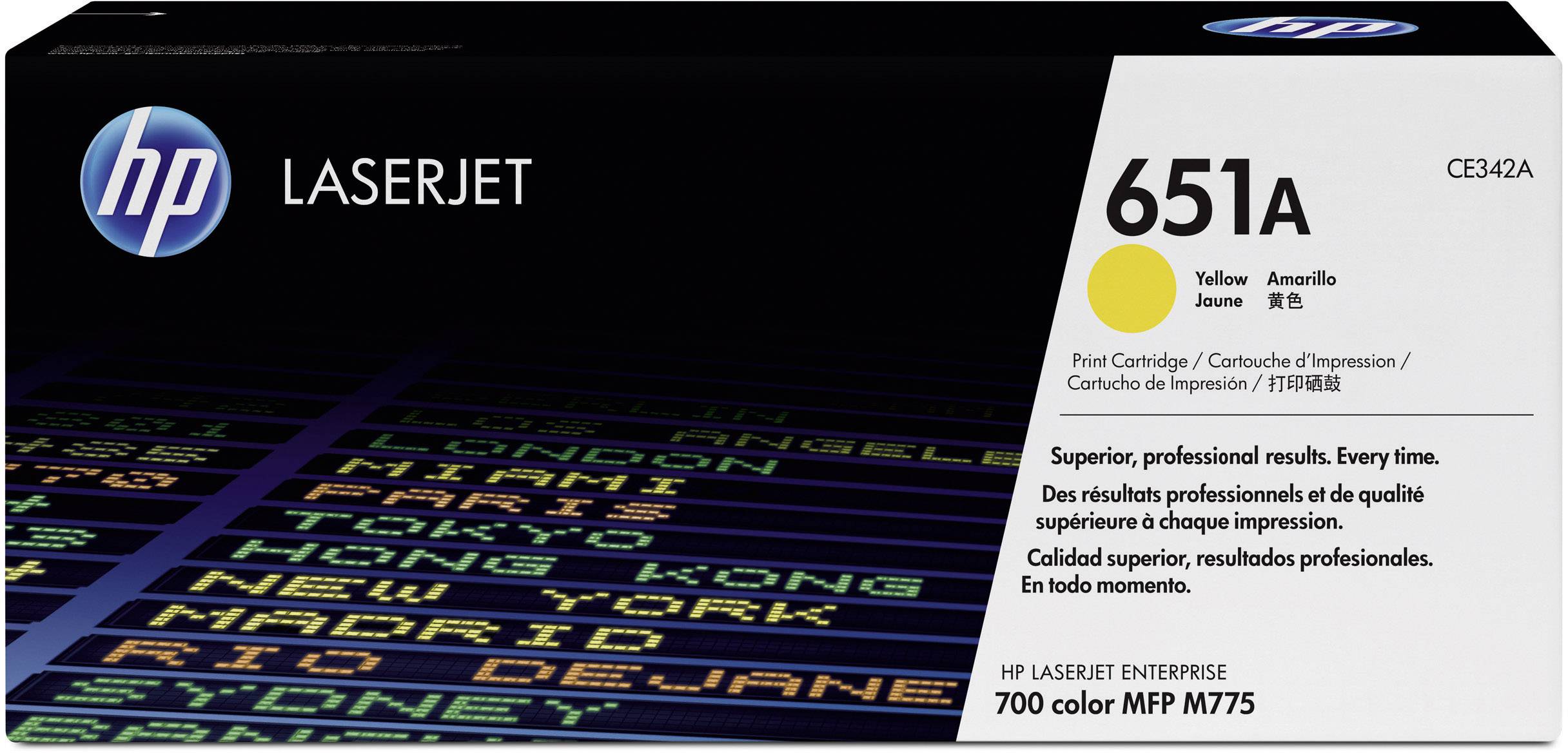 Cartuccia toner HP LaserJet 651A in Giallo, adatta per modelli come HP LaserJet Enterprise 700 color MFP M775. La confezione mostra le informazioni del prodotto.
