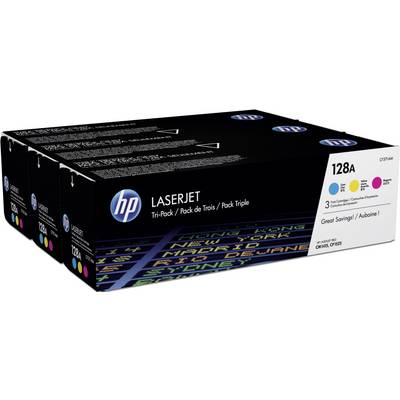 Una confezione tripla di cartucce toner HP LaserJet 128A. La confezione mostra un indicatore di volo a colori, contiene Ciano, Magenta, Giallo.
