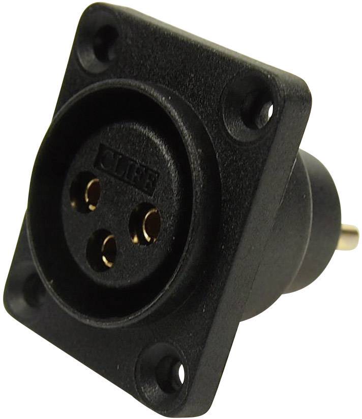 Connettore XLR nero con tre pin dorati, comunemente utilizzato in applicazioni audio e video per cablaggi professionali.