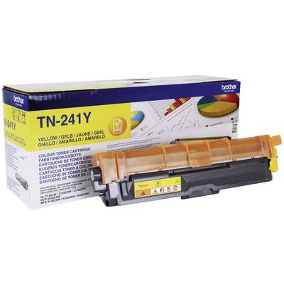 Cartuccia toner Brother TN-241Y Giallo per stampante, compatibile con determinati modelli Brother. Confezione con grafica e toner illustrati.
