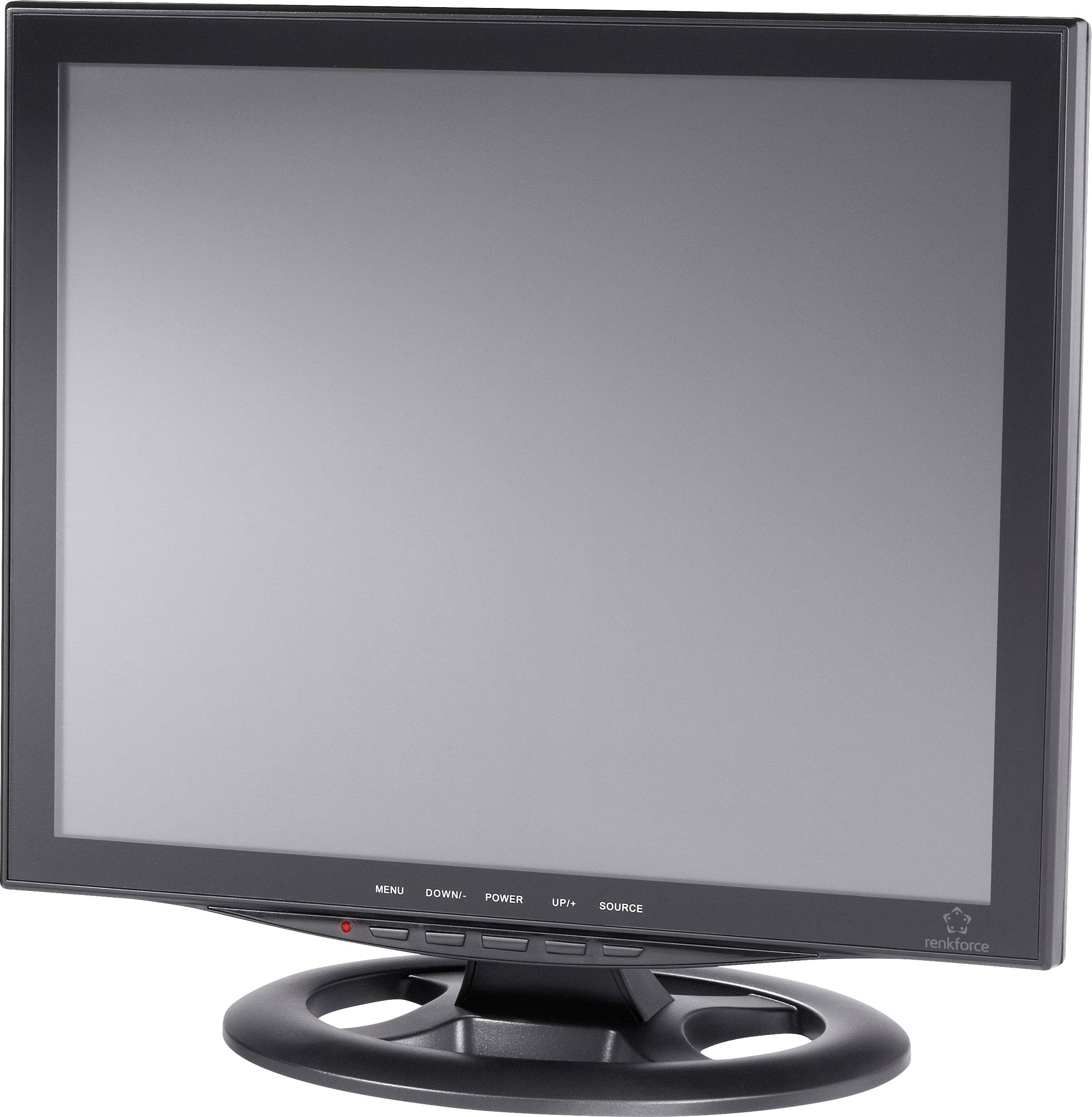Un monitor nero con diversi tasti di controllo sul lato inferiore anteriore e una base rotonda.