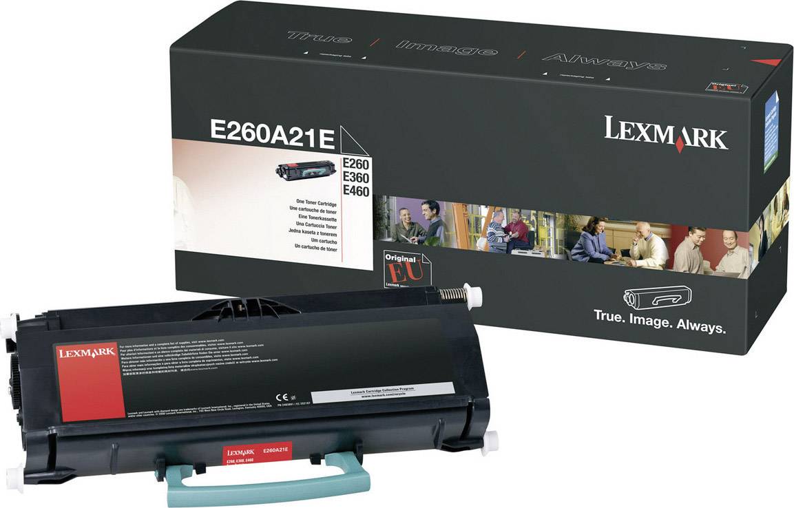 Cartuccia toner per stampanti Lexmark, modello E260A21E, con confezione sullo sfondo. Compatibile con i modelli E260, E360, E460.