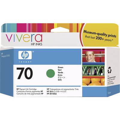 Scatola della cartuccia d'inchiostro HP con scritta 'Stampe di qualità museale che durano oltre 200 anni', verde, compatibile con il modello 70.
