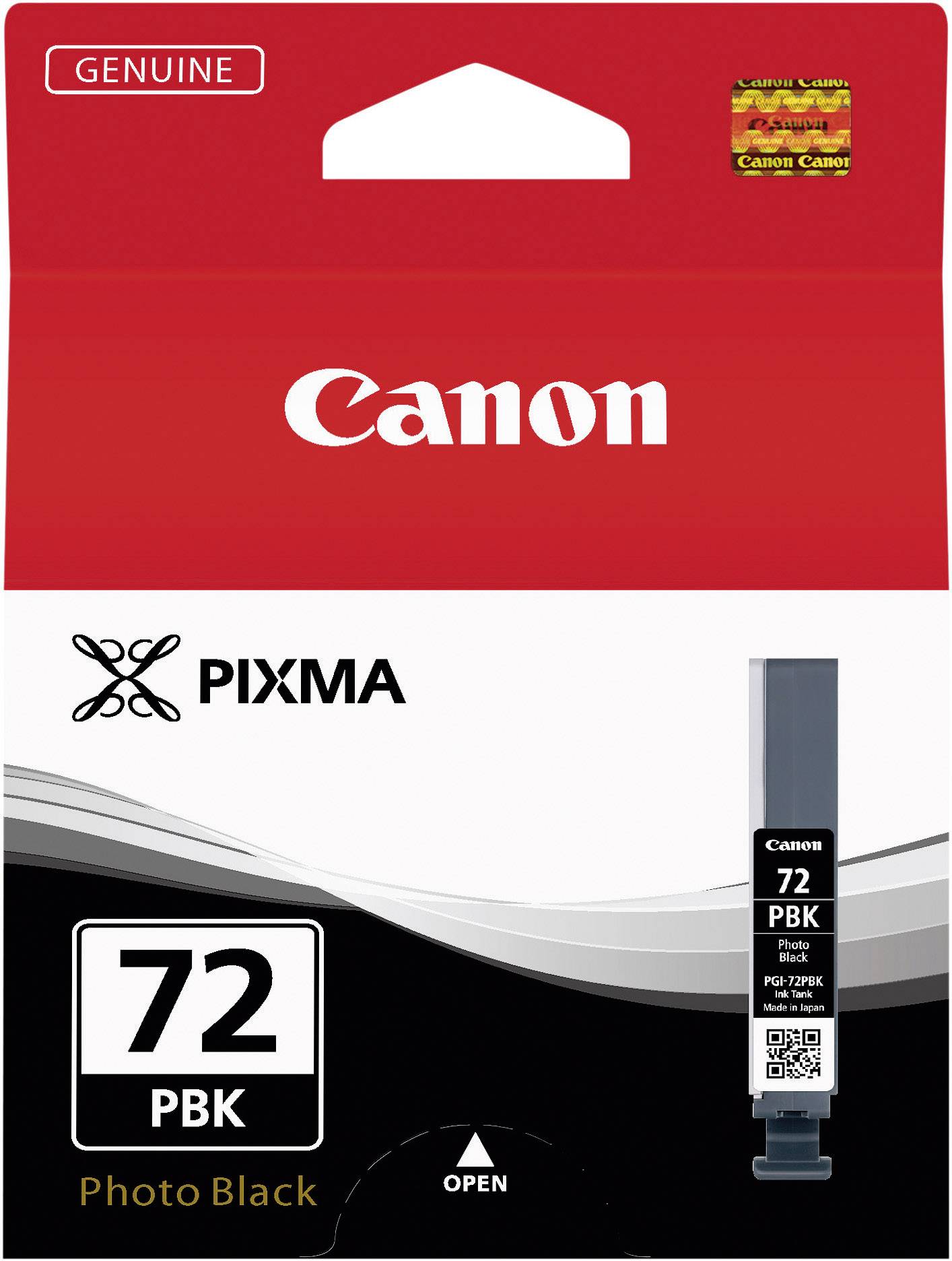 'Questo imballaggio mostra una cartuccia d'inchiostro Canon PIXMA, numero modello 72 PBK, nel colore Nero, per stampa fotografica. Contiene etichetta originale.'