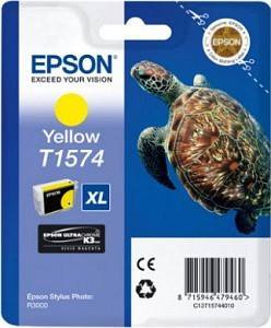 Confezione di una cartuccia d'inchiostro Epson T1574 in giallo per Epson Stylus Photo R3000. Raffigurata una tartaruga marina.