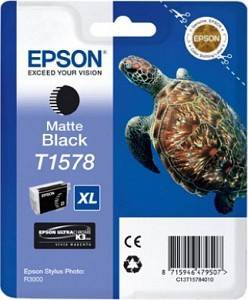 'Cartuccia d'inchiostro Epson T1578 Nero Opaco XL per Epson Stylus Photo R3000 con immagine di una tartaruga marina su sfondo blu.'