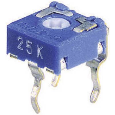 Un potenziometro trimmer blu a tre pin, contrassegnato con '25K', su sfondo chiaro.