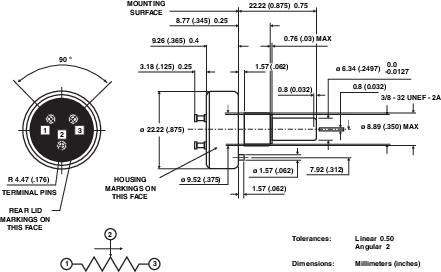 Figura di un connettore elettrico con indicazioni dimensionali in millimetri e pollici. Mostra i pin di connessione, le marcature del corpo e le tolleranze.