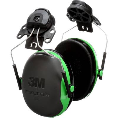 Protezione per l'udito in nero e verde con la scritta '3M PELTOR X3'. Archetti metallici regolabili e fissaggi per caschi di sicurezza.
