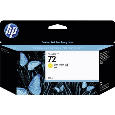 Confezione cartuccia HP con farfalle blu, DesignJet 72, inchiostro giallo, 130 ml. Testo: 'Preciso. Affidabile. Ogni volta.'