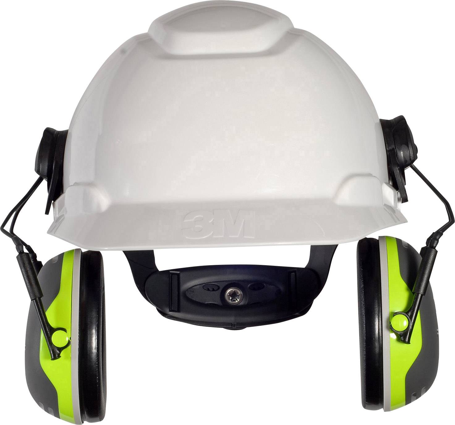 Casco protettivo bianco con paraorecchie verdi integrati, adatto per cantieri edili o ambienti industriali.