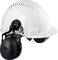 Casco protettivo bianco con cuffie antirumore nere, adatto per cantieri o ambienti di lavoro rumorosi.