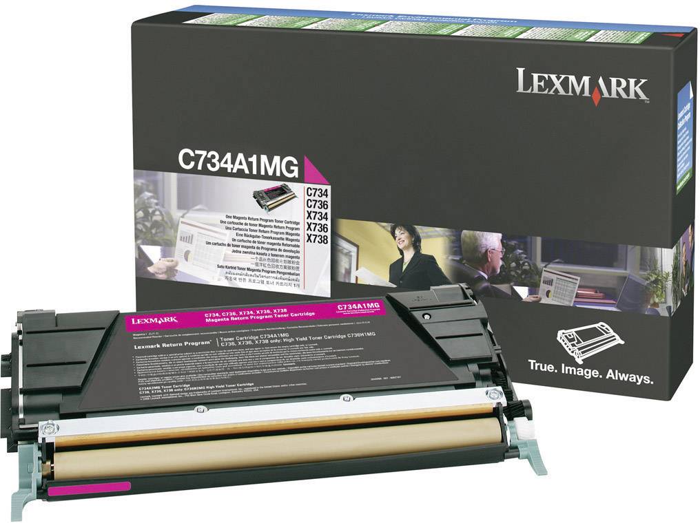 Confezione toner per stampante Lexmark, modello C734A1MG. Confezione con immagine di una stampante sul lato anteriore.