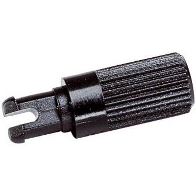 Attrezzo nero in plastica con impugnatura zigrinata e punta a forma di U. Probabilmente utilizzato per rimuovere clip.