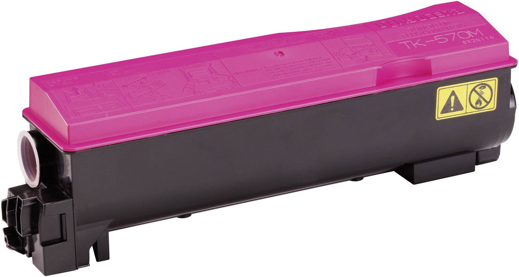 Un contenitore di toner magenta per una stampante, modello 'TK-570M', con simboli di avvertenza sul lato per una manipolazione cauta.