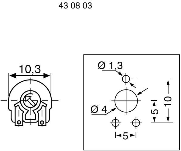 Disegno tecnico di un componente con misure in millimetri. A sinistra: forma semicircolare, larghezza 10,3 mm. A destra: cerchio con diametro di 4 mm, fori.