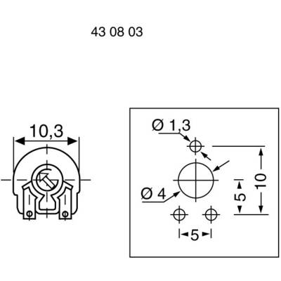 Disegno tecnico di un componente con misure in millimetri. A sinistra: forma semicircolare, larghezza 10,3 mm. A destra: cerchio con diametro di 4 mm, fori.