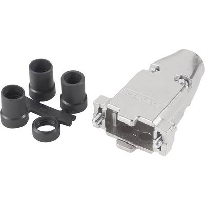 Alloggiamento per connettore metallico con tre componenti di connessione neri. L'alloggiamento presenta due aperture e viti sui lati.
