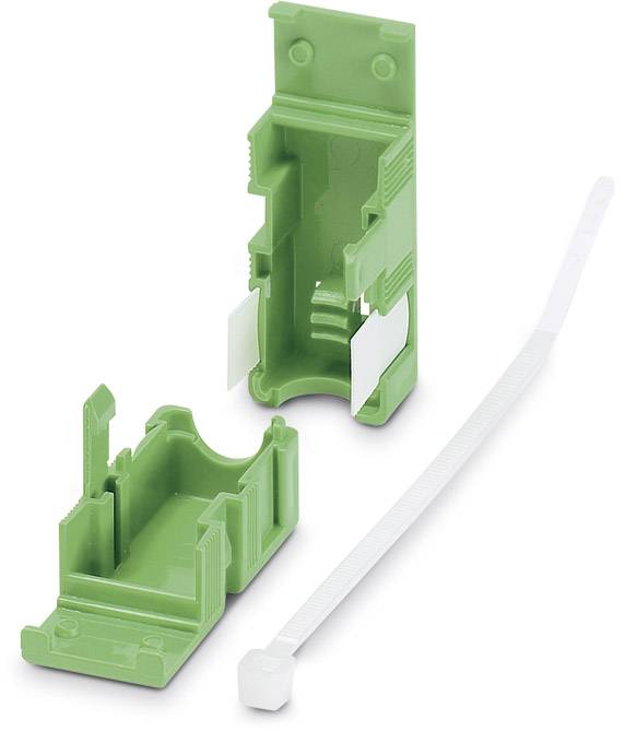 Involucro in plastica verde composto da due parti, accanto a un fascetta stringicavo bianca.