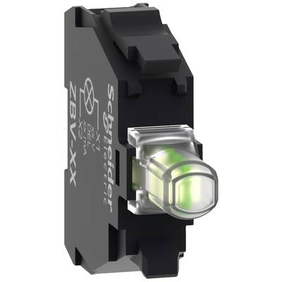 Un modulo di illuminazione LED verde con la scritta 'Schneider Electric' e il numero di modello 'ZBV-XX' su un involucro nero.