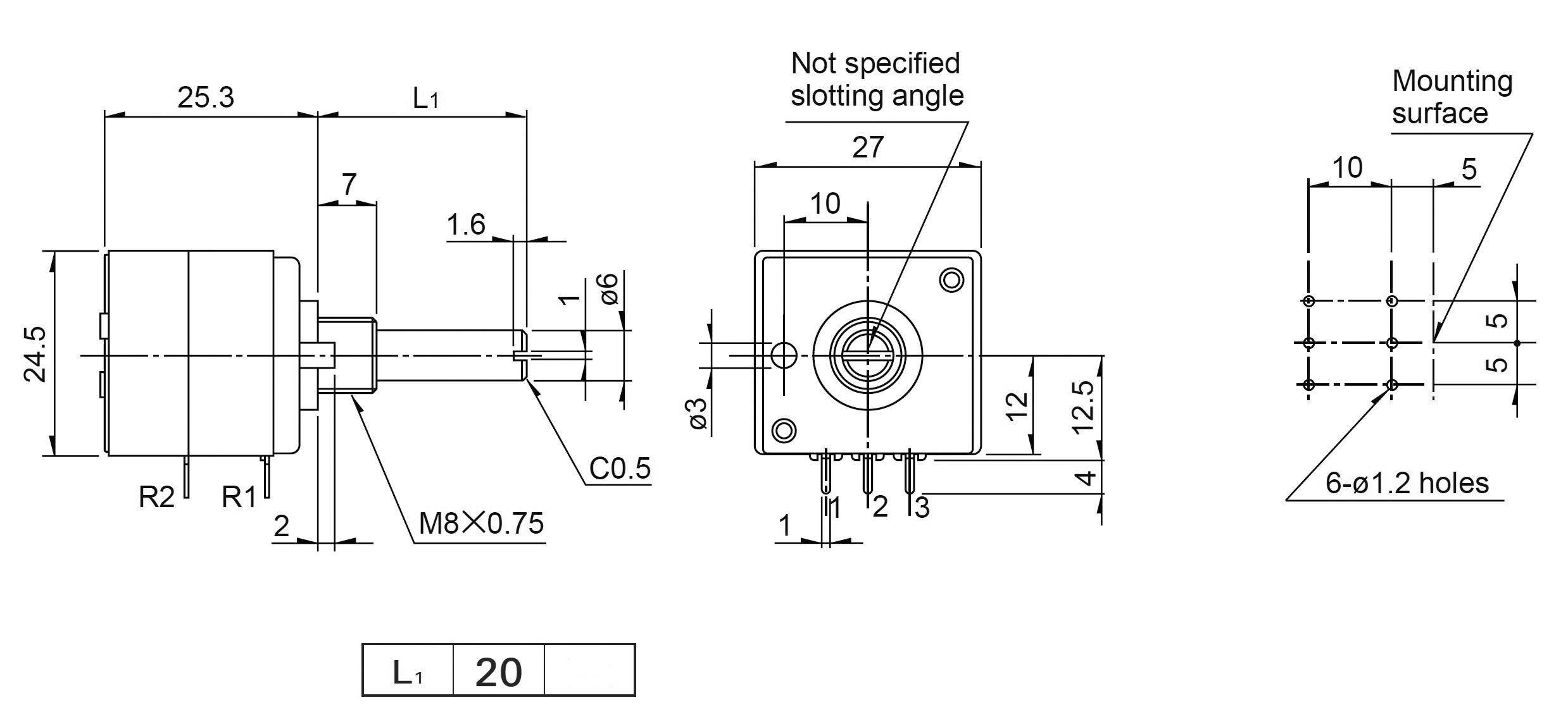 Disegno tecnico di un motore con dimensioni. La vista frontale e laterale mostrano le misure, la superficie di montaggio e i fori di fissaggio.