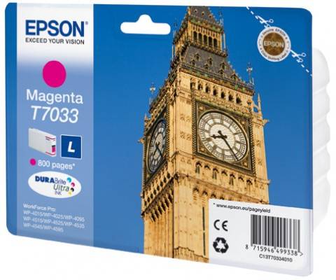 Cartuccia di inchiostro Magenta (T7033) di Epson, 800 pagine, raffigurata davanti al Big Ben. Modelli di stampante: WorkForce Pro WP-4525, WP-4535, WP-4545.