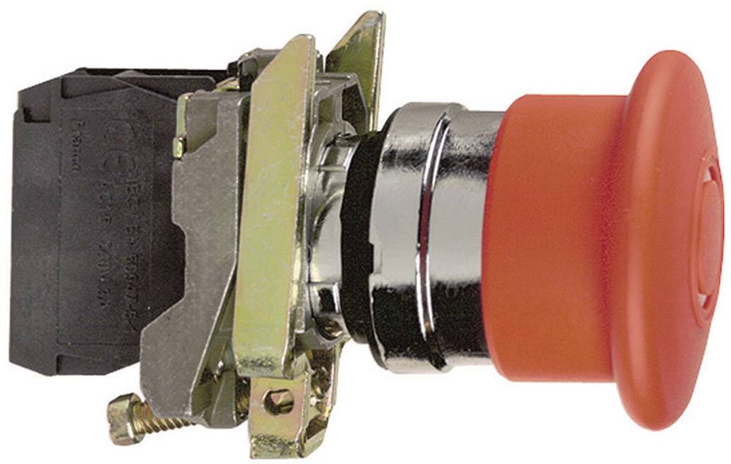 Interruttore di emergenza rosso con componenti in metallo e plastica, pronto per essere installato in un dispositivo elettrico per scopi di sicurezza.