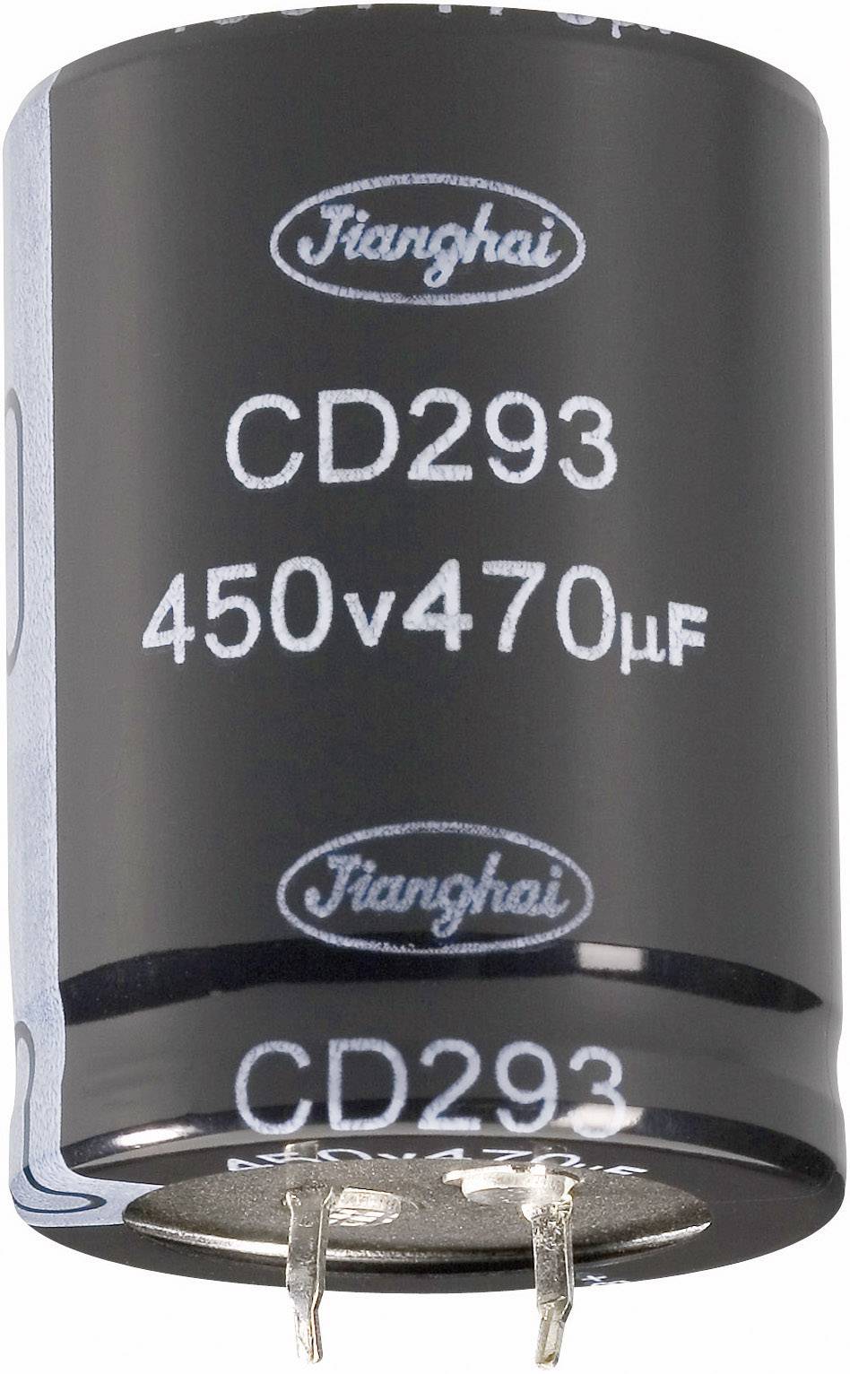 'Condensatore elettrolitico nero CD293, capacità 470µF, tensione nominale 450V, con due terminali metallici alla base.'